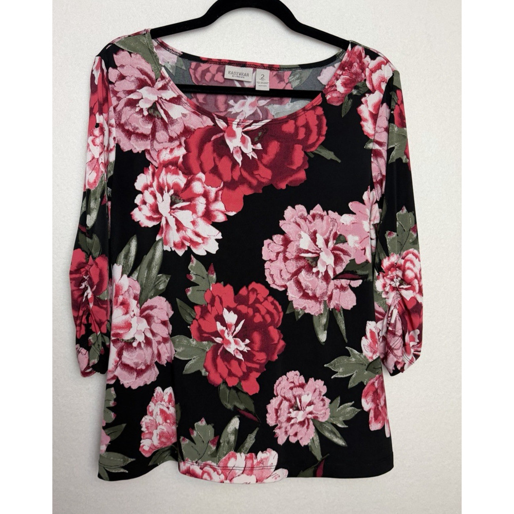Chico's Easy Wear Women's 3/4 Sleeve Rose Print Blouse Size L (2) Floral
